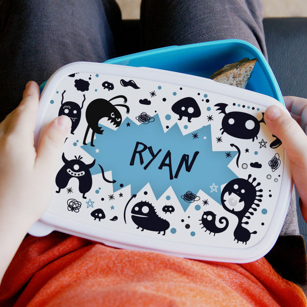 Buy Personalised Monsters Name Only Blue Lunch Box available now at www.giftsfinder.co.uk