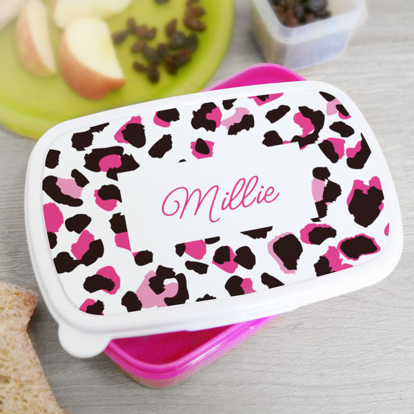 Buy Personalised Leopard Print Name Only Pink Lunch Box available now at www.giftsfinder.co.uk