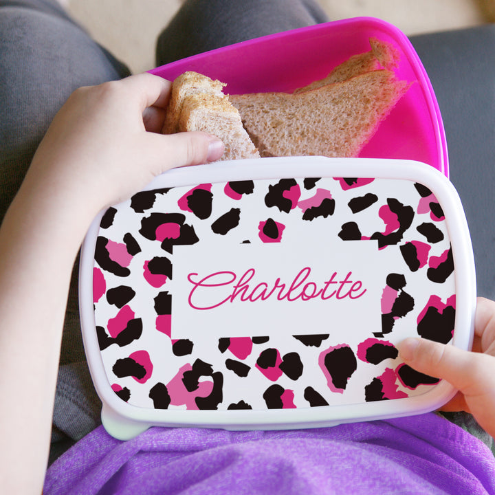 Personalised Leopard Print Name Only Pink Lunch Box - part of the Gifts Finder Personalised Lunch Boxes collection