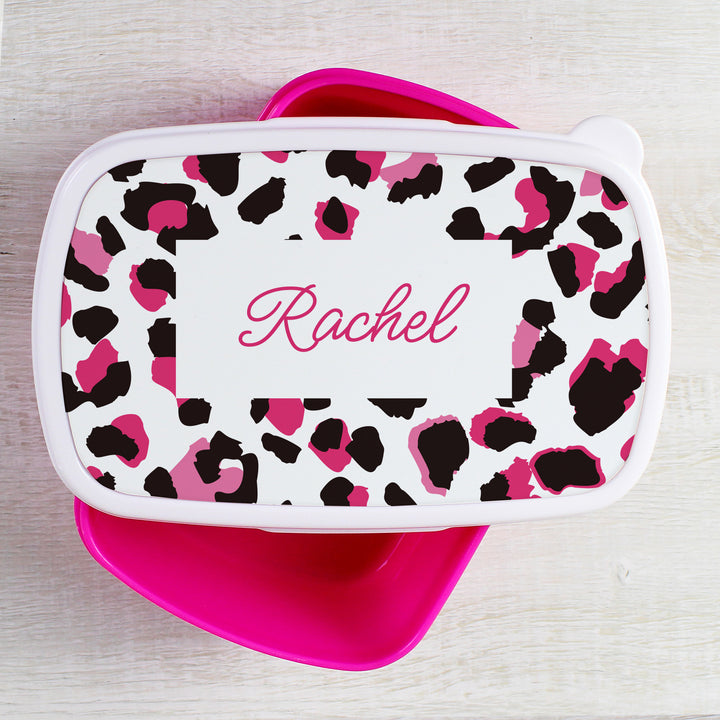 Personalised Leopard Print Name Only Pink Lunch Box - part of the Gifts Finder Personalised Lunch Boxes collection