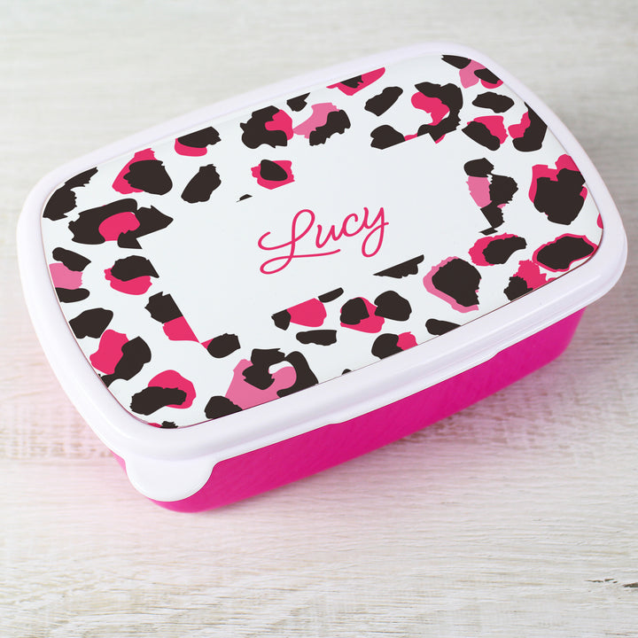 Personalised Leopard Print Name Only Pink Lunch Box - part of the Gifts Finder Personalised Lunch Boxes collection