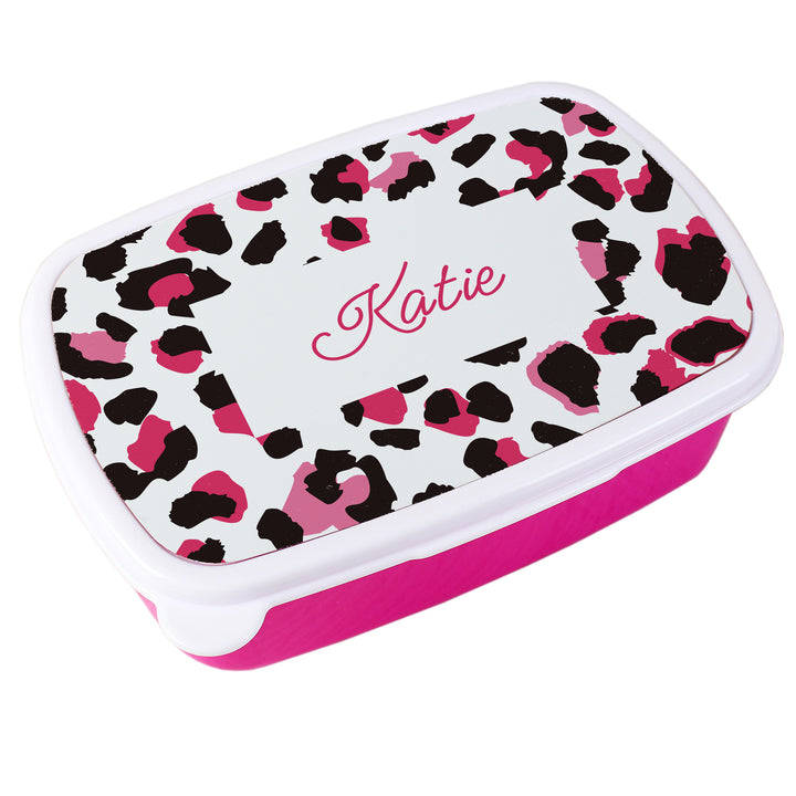 Personalised Leopard Print Name Only Pink Lunch Box - part of the Gifts Finder Personalised Lunch Boxes collection