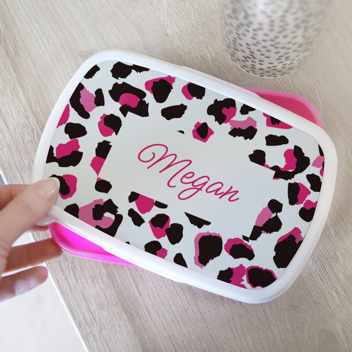 Personalised Leopard Print Name Only Pink Lunch Box - part of the Gifts Finder Personalised Lunch Boxes collection