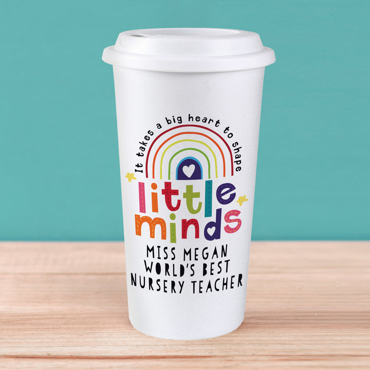 Personalised Shape Little Minds Travel Mug in gift category Personalised Teacher Gifts