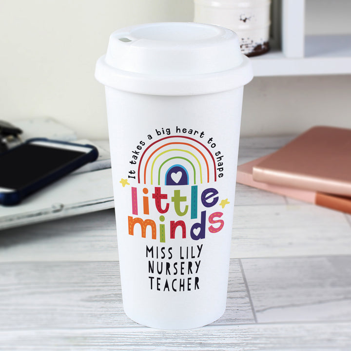 Personalised Shape Little Minds Travel Mug in gift category Personalised Teacher Gifts