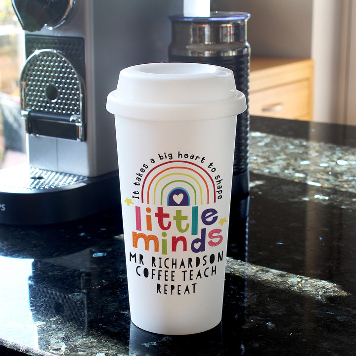 Personalised Shape Little Minds Travel Mug in gift category Personalised Teacher Gifts