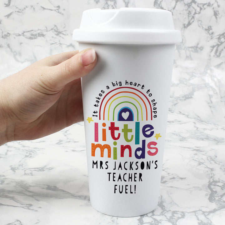 Personalised Shape Little Minds Travel Mug in gift category Personalised Teacher Gifts