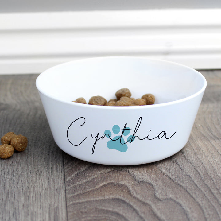 Buy Personalised Blue Pawprint Plastic Cat Bowl available now at www.giftsfinder.co.uk