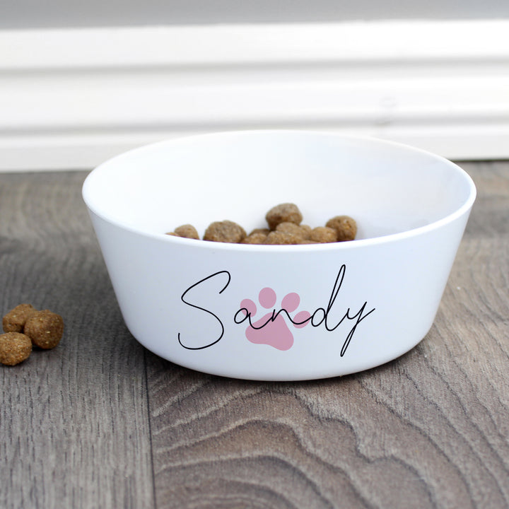 Buy Personalised Pink Paw Print Plastic Cat Bowl at www.giftsfinder.co.uk