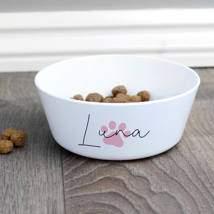 Buy Personalised Pink Paw Print Plastic Cat Bowl at www.giftsfinder.co.uk