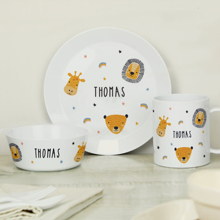 Personalised Safari Animals Plastic Childrens Breakfast Set in gift category Personalised Childrens Breakfast Sets