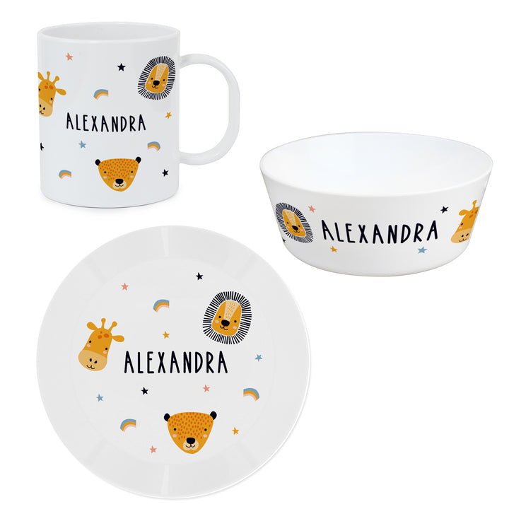 Personalised Safari Animals Plastic Childrens Breakfast Set in gift category Personalised Childrens Breakfast Sets