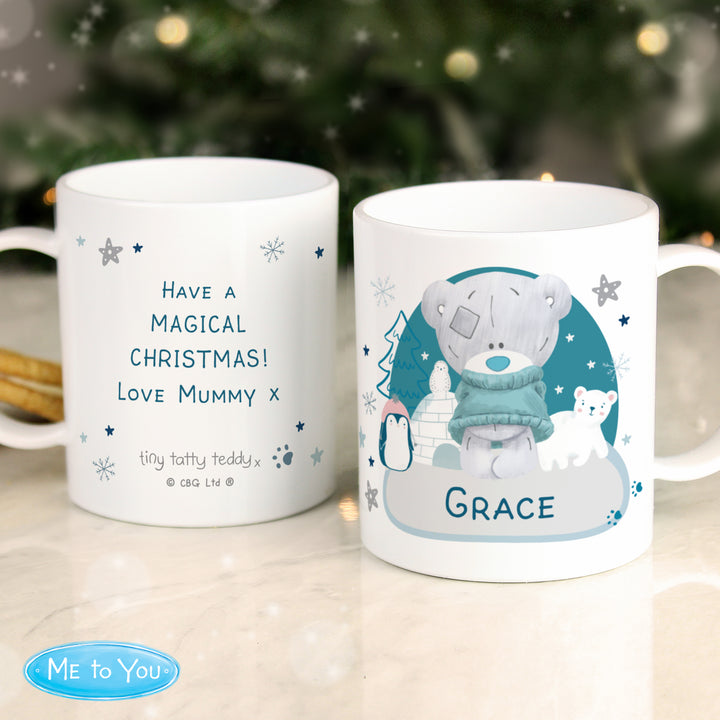 Personalised Winter Explorer Tiny Tatty Teddy Plastic Mug in gift category Personalised Mugs