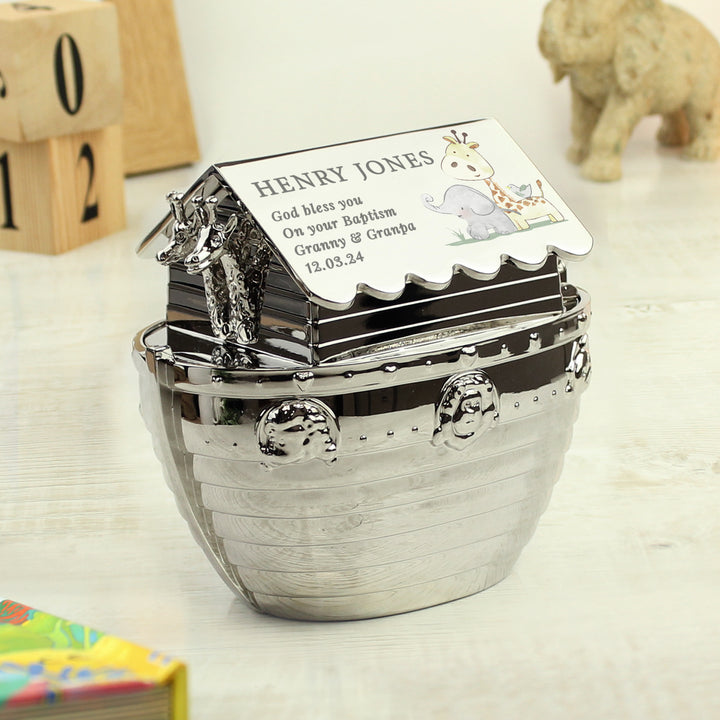 Buy Personalised Hessian Friends Noahs Ark Money Box available now at www.giftsfinder.co.uk