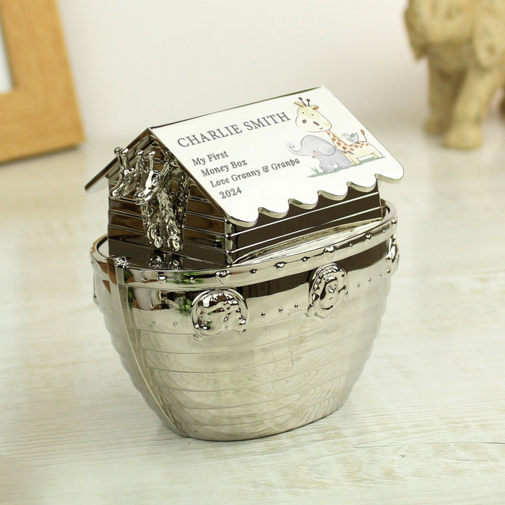 Buy Personalised Hessian Friends Noahs Ark Money Box available now at www.giftsfinder.co.uk