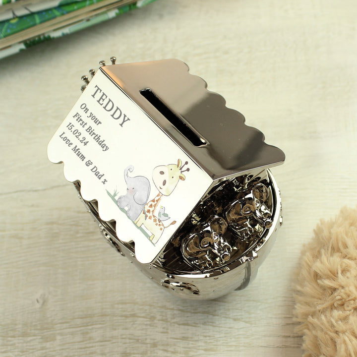 Buy Personalised Hessian Friends Noahs Ark Money Box available now at www.giftsfinder.co.uk