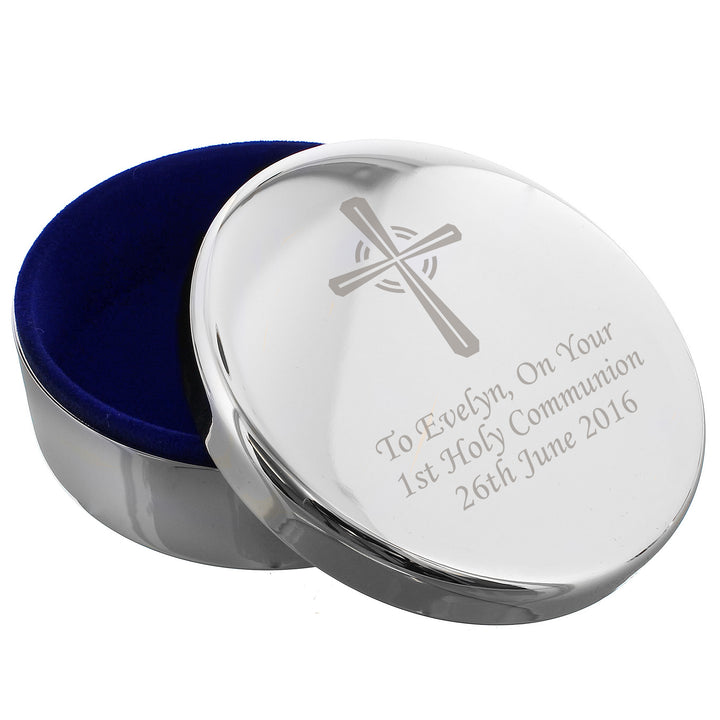 Personalised Silver Cross Trinket Box - Ideal For Rosary Beads in gift category Personalised Trinket Boxes