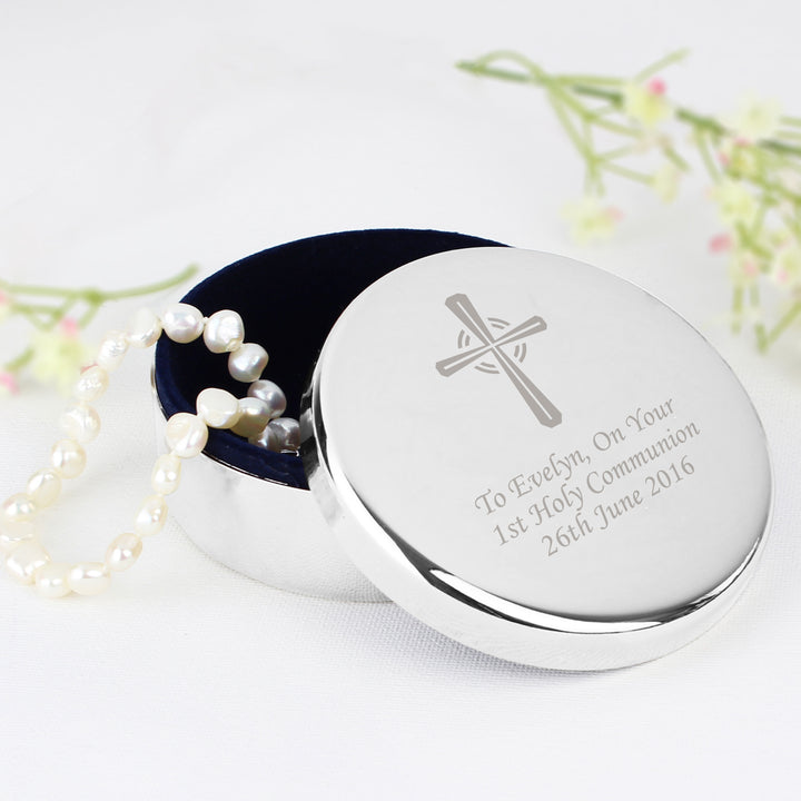 Personalised Silver Cross Trinket Box - Ideal For Rosary Beads in gift category Personalised Trinket Boxes