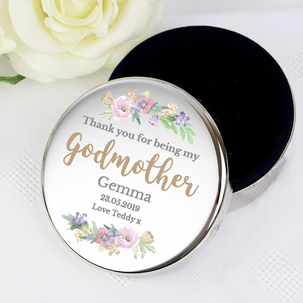 Buy Personalised Godmother 'Floral Watercolour' Round Trinket Box at www.giftsfinder.co.uk