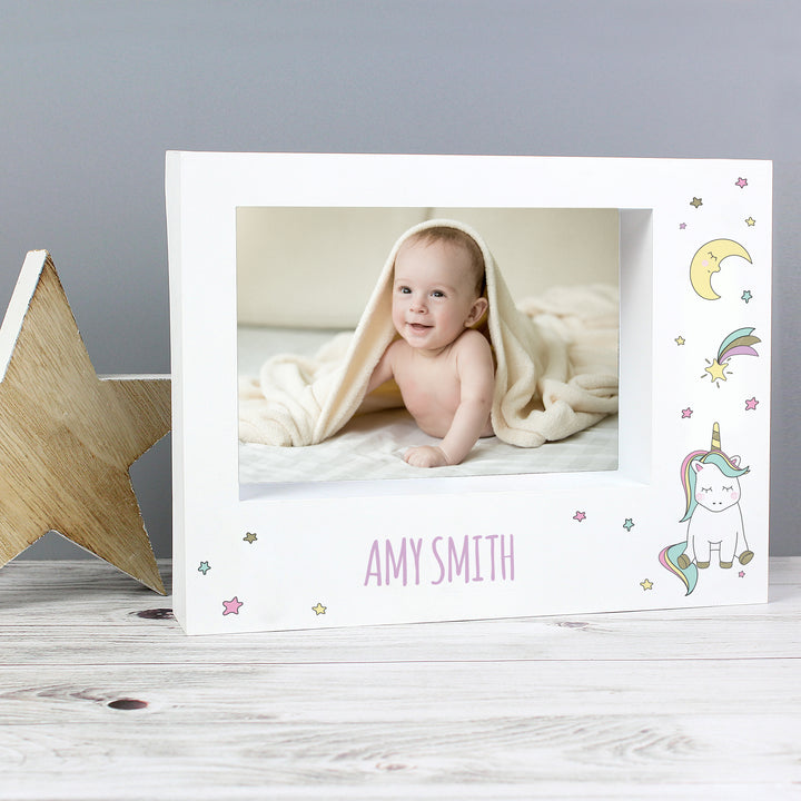 Buy Personalised Baby Unicorn 5x7 Landscape Box Photo Frame available now at www.giftsfinder.co.uk