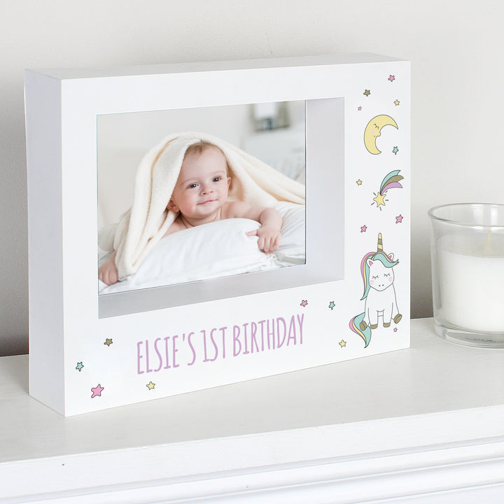 Buy Personalised Baby Unicorn 5x7 Landscape Box Photo Frame available now at www.giftsfinder.co.uk