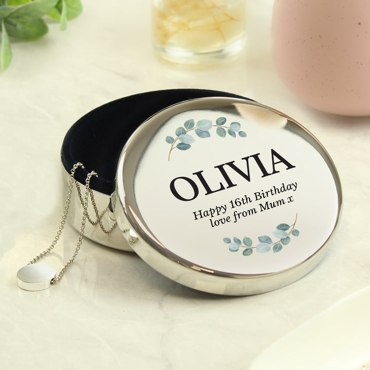 Buy Personalised Botanical Round Trinket Box available now at www.giftsfinder.co.uk