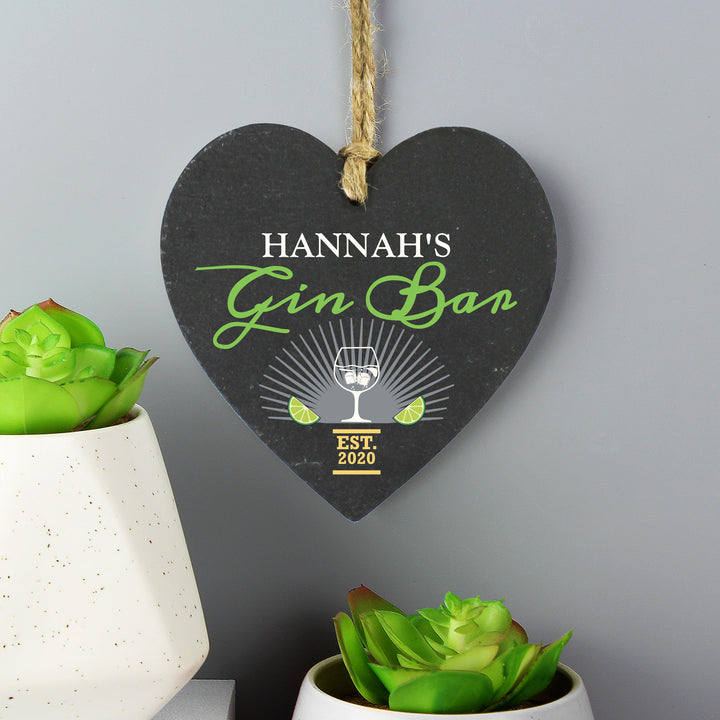 Personalised Gin Bar Slate Heart Decoration - part of the Gifts Finder Personalised Heart Decorations collection