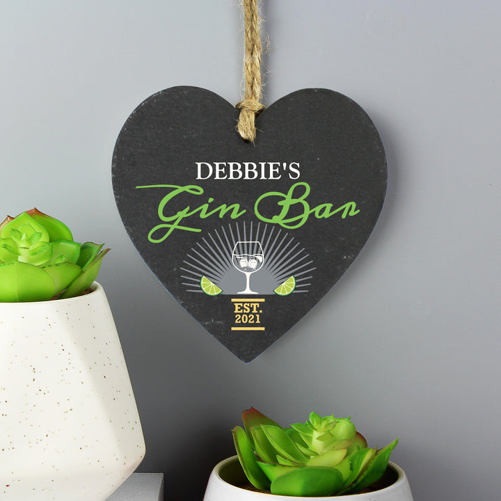 Personalised Gin Bar Slate Heart Decoration - part of the Gifts Finder Personalised Heart Decorations collection