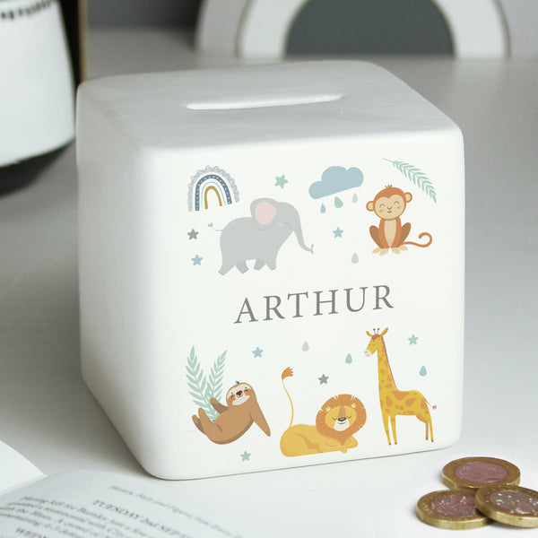 Personalised Safari Animals Ceramic Square Moneybox in gift category Personalised Money Boxes