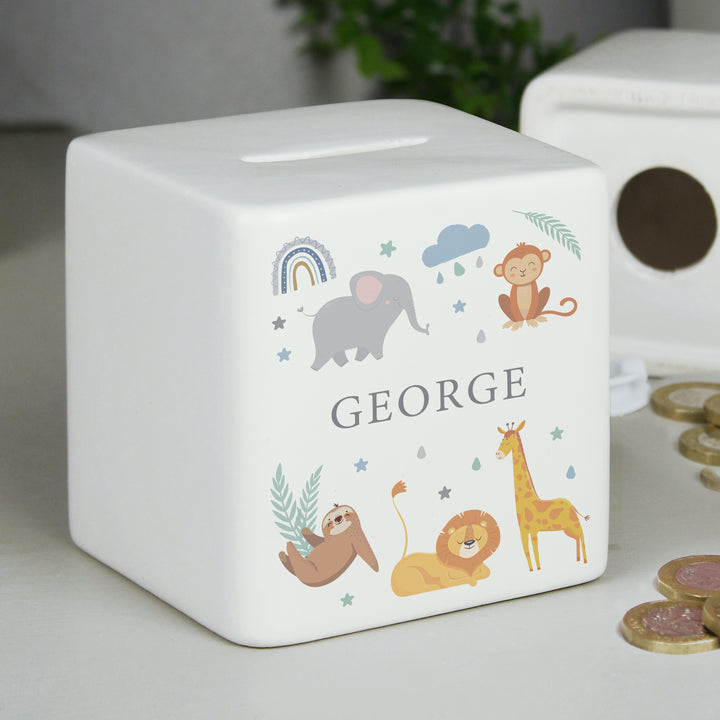 Personalised Safari Animals Ceramic Square Moneybox in gift category Personalised Money Boxes