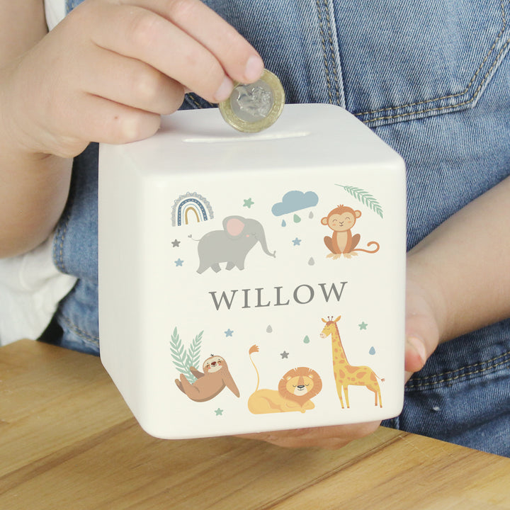 Personalised Safari Animals Ceramic Square Moneybox in gift category Personalised Money Boxes