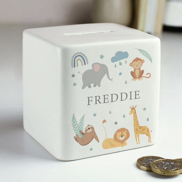 Personalised Safari Animals Ceramic Square Moneybox in gift category Personalised Money Boxes