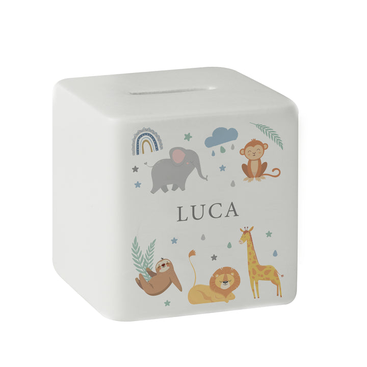 Personalised Safari Animals Ceramic Square Moneybox in gift category Personalised Money Boxes