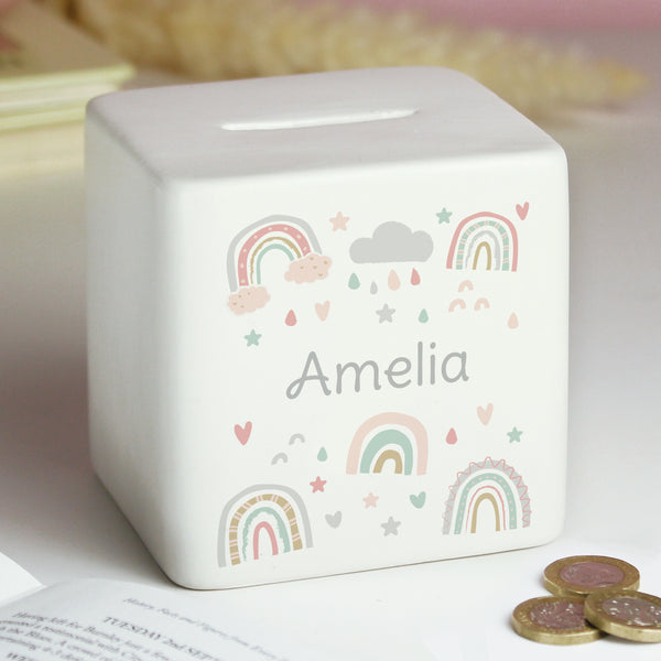 Personalised Rainbow Ceramic Square Money Box in gift category Personalised Money Boxes