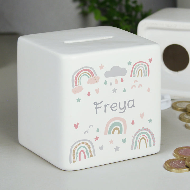 Personalised Rainbow Ceramic Square Money Box - part of the Gifts Finder Personalised Money Boxes collection