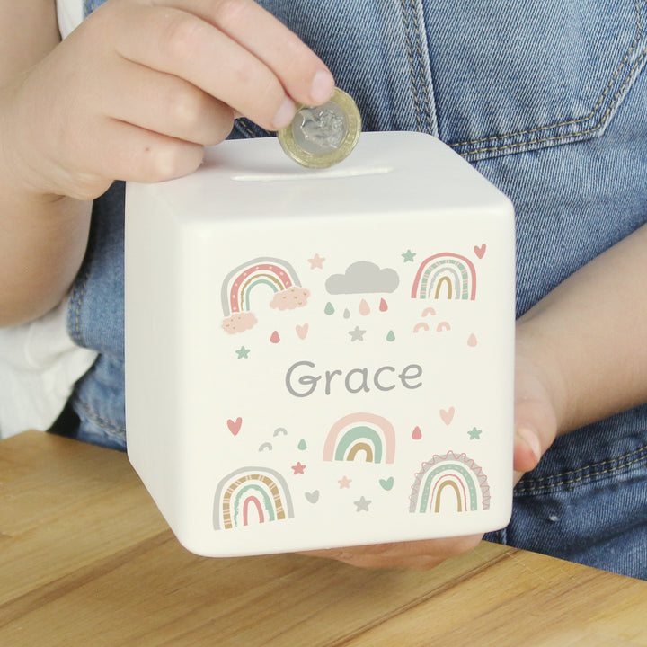 Personalised Rainbow Ceramic Square Money Box - part of the Gifts Finder Personalised Money Boxes collection