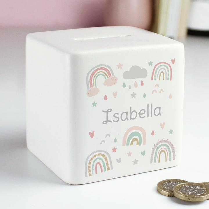 Personalised Rainbow Ceramic Square Money Box - part of the Gifts Finder Personalised Money Boxes collection