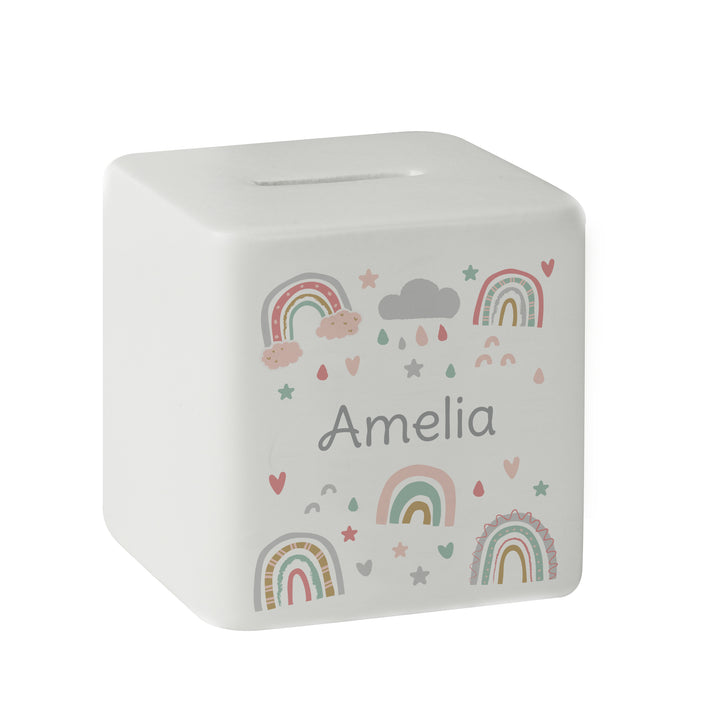 Personalised Rainbow Ceramic Square Money Box - part of the Gifts Finder Personalised Money Boxes collection