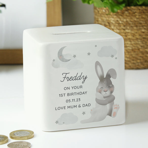 Buy Personalised Baby Bunny Ceramic Square Money Box available now at www.giftsfinder.co.uk