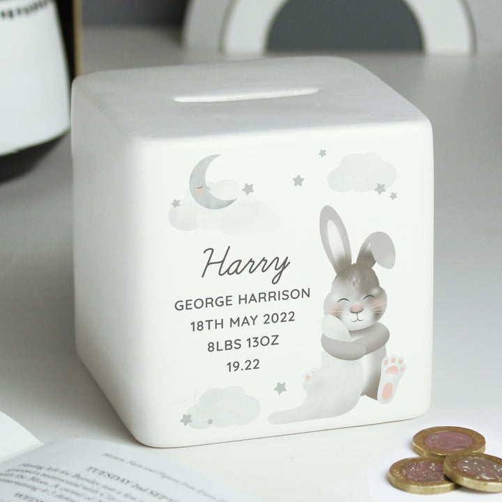 Buy Personalised Baby Bunny Ceramic Square Money Box available now at www.giftsfinder.co.uk