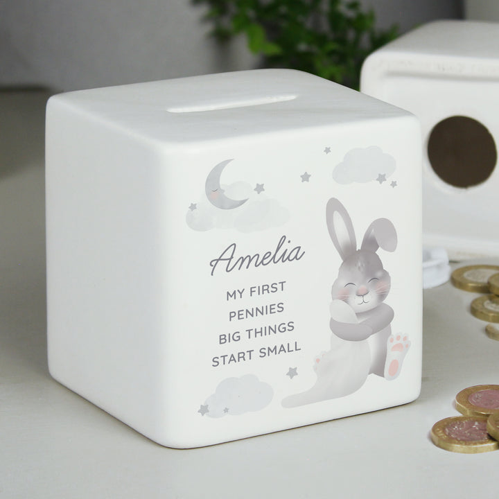 Buy Personalised Baby Bunny Ceramic Square Money Box available now at www.giftsfinder.co.uk