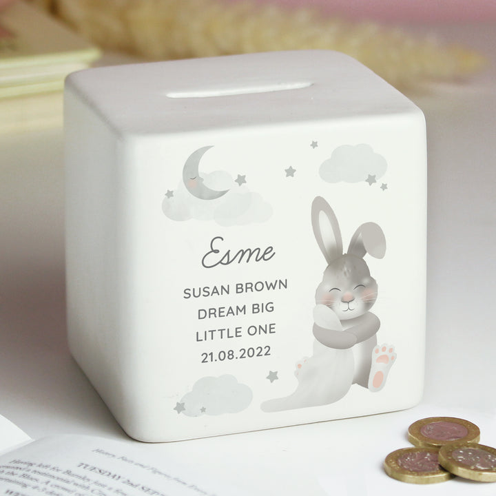 Buy Personalised Baby Bunny Ceramic Square Money Box available now at www.giftsfinder.co.uk