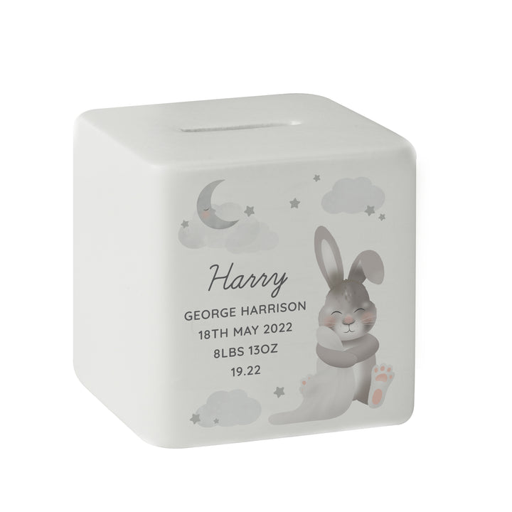 Buy Personalised Baby Bunny Ceramic Square Money Box available now at www.giftsfinder.co.uk