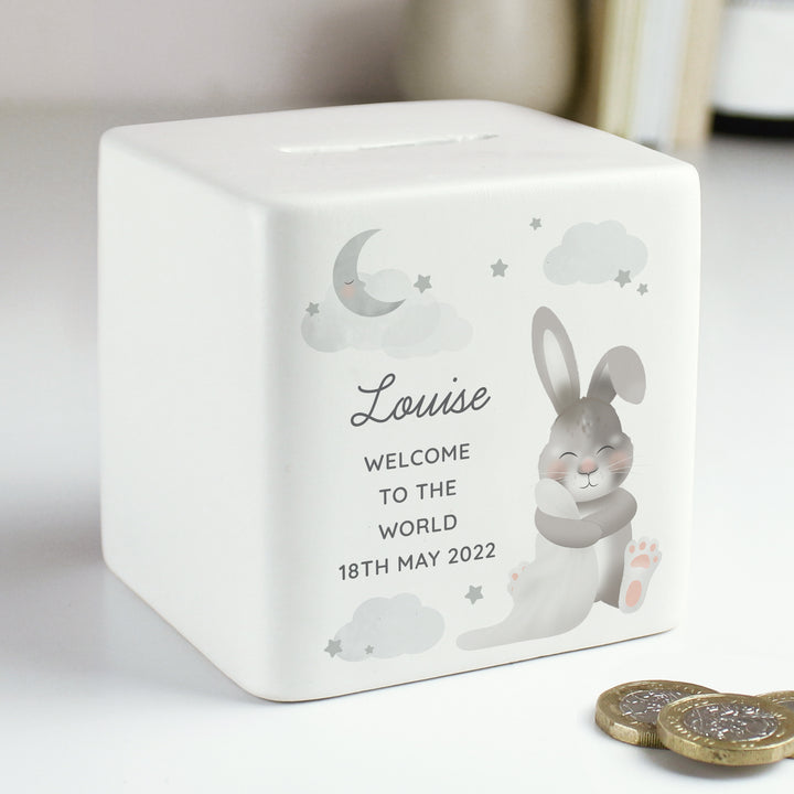 Buy Personalised Baby Bunny Ceramic Square Money Box available now at www.giftsfinder.co.uk