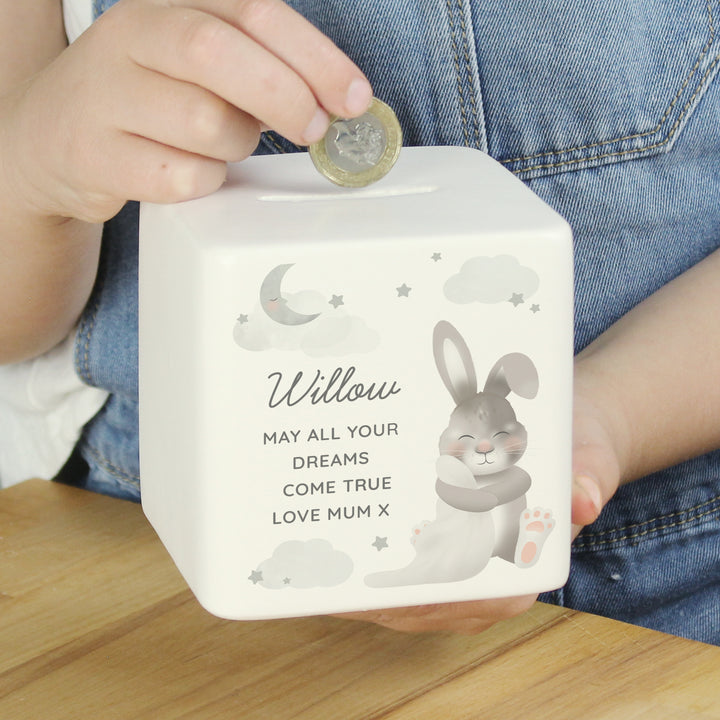 Buy Personalised Baby Bunny Ceramic Square Money Box available now at www.giftsfinder.co.uk