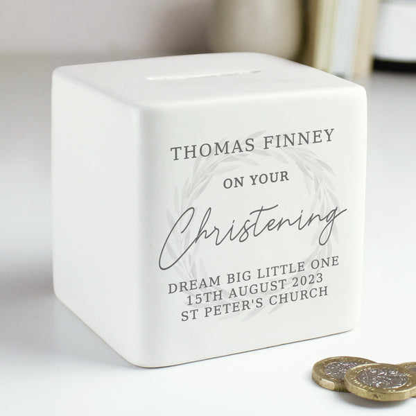 Buy Personalised Christening Ceramic Square Money Box available now at www.giftsfinder.co.uk