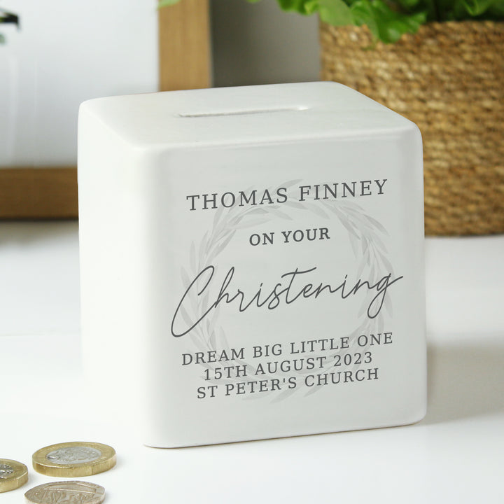 Buy Personalised Christening Ceramic Square Money Box available now at www.giftsfinder.co.uk