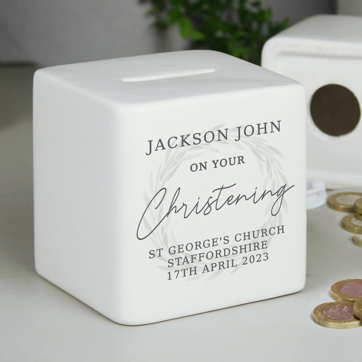 Buy Personalised Christening Ceramic Square Money Box available now at www.giftsfinder.co.uk