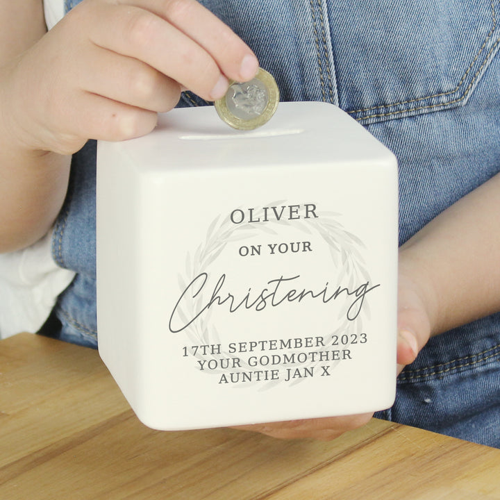 Buy Personalised Christening Ceramic Square Money Box available now at www.giftsfinder.co.uk