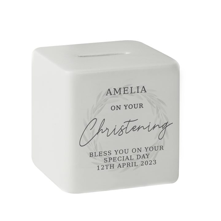 Buy Personalised Christening Ceramic Square Money Box available now at www.giftsfinder.co.uk